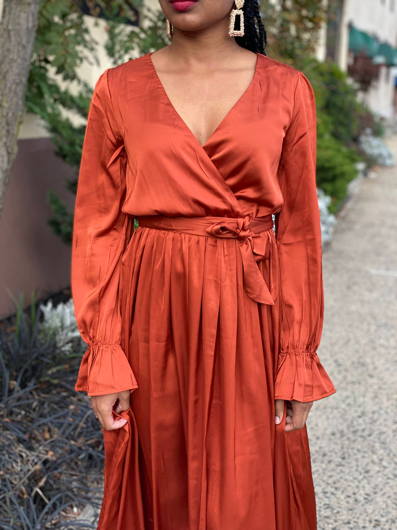 Brunt Orange Satin Maxi Dress