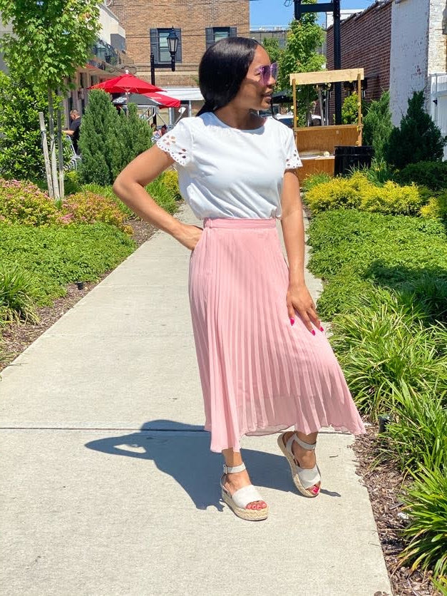 Blush Pleated Midi Skirt